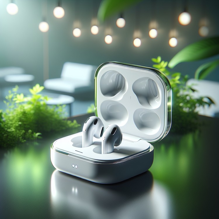 Wireless earbuds displayed on a sleek wooden table